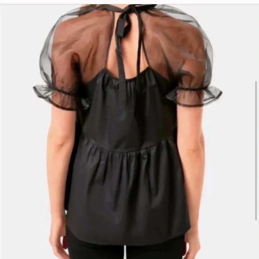 Pomander Place Tuckernuck Women's Black Tinsley Top Blouse Sheer Puff‎ Sleeve XS